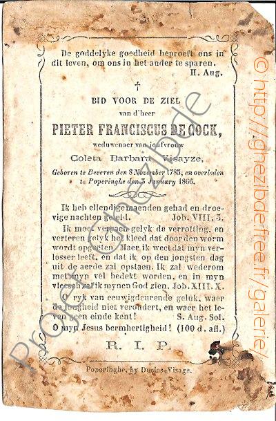 Pieter Franciscus De Cock weduwenaer van Joufvrouw Coleta Barbara Visayse, overleden te Poperinghe, den 3 January 1866.